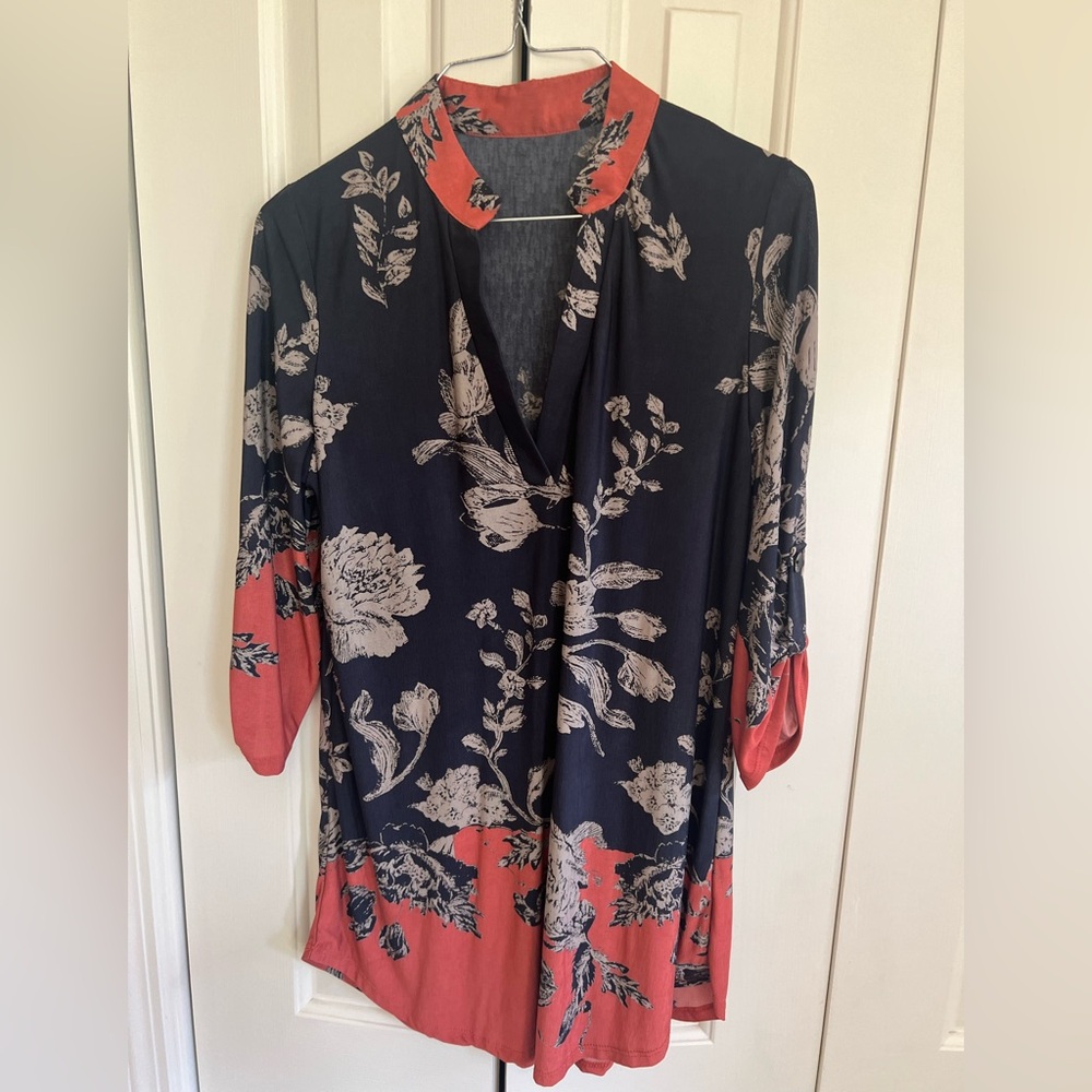 Floral Blouse - Navy and Coral